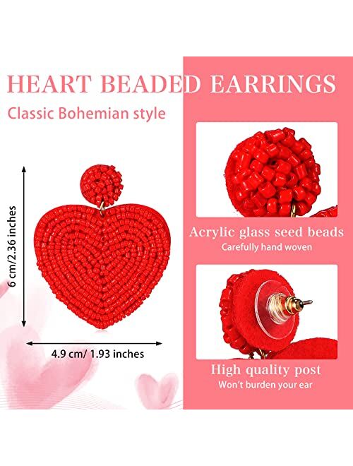 MTLEE Valentine's Day Heart Earrings 3 Pairs Heart Beaded Earrings Statement Drop Earrings Handmade Seed Bead Heart Earrings Bohemia Dangle Earrings for Women Girls, Red,