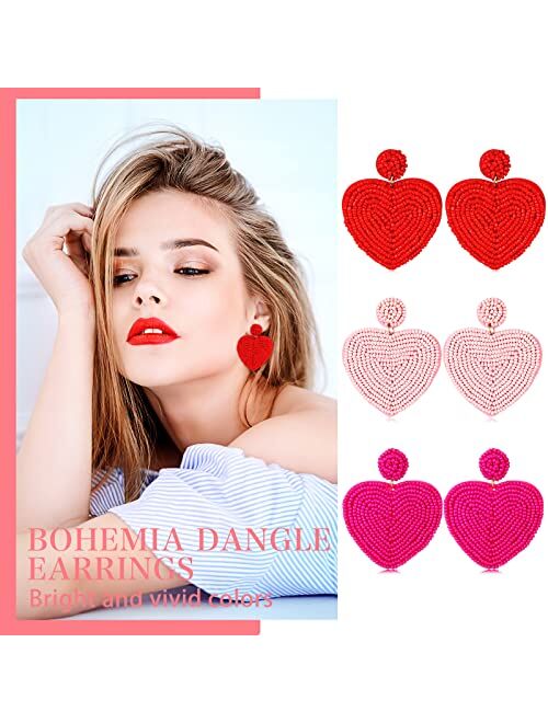 MTLEE Valentine's Day Heart Earrings 3 Pairs Heart Beaded Earrings Statement Drop Earrings Handmade Seed Bead Heart Earrings Bohemia Dangle Earrings for Women Girls, Red,