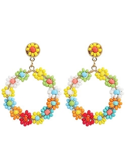 Dvacaman Fashion Cute DIY Handmade Beaded Statement Dangle Earrings for Women, Funny Elements for Multicolored Flower, Lightweight Heart, Water droplets and Green Leaf