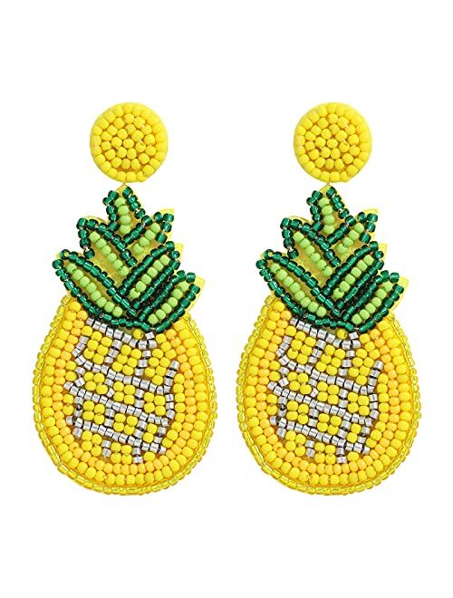 Dvacaman Fashion Cute DIY Handmade Beaded Statement Dangle Earrings for Women, Funny Elements for Multicolored Flower, Lightweight Heart, Water droplets and Green Leaf