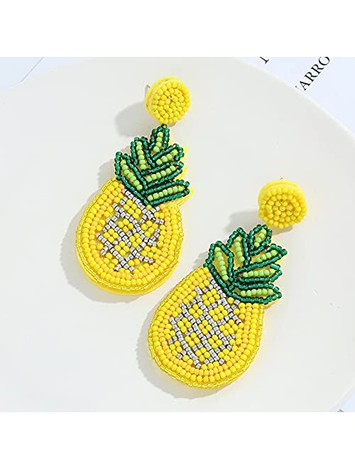 Dvacaman Fashion Cute DIY Handmade Beaded Statement Dangle Earrings for Women, Funny Elements for Multicolored Flower, Lightweight Heart, Water droplets and Green Leaf