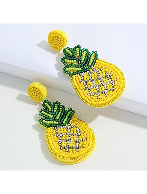 Dvacaman Fashion Cute DIY Handmade Beaded Statement Dangle Earrings for Women, Funny Elements for Multicolored Flower, Lightweight Heart, Water droplets and Green Leaf
