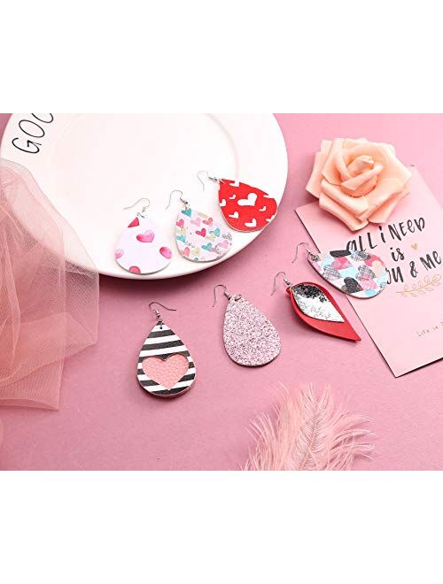 Kohota Valentine's Day Leather Earrings for Women Lightweight Faux Leather Teardrop Dangle Earrings Heart-Shaped Print Drop Earrings Set Valentine Day Gift for Girlfriend