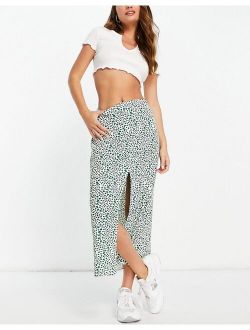 midi skirt with thigh split in green & ivory print