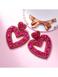 HZEYN Beaded Heart Earrings Statement Seed Bead Heart Hoop Dangle Earrings Festive Valentines Day Earrings Gift for Women Girls