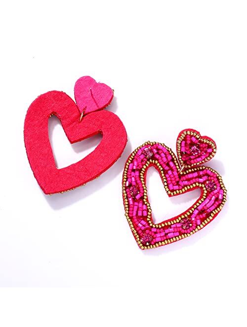 HZEYN Beaded Heart Earrings Statement Seed Bead Heart Hoop Dangle Earrings Festive Valentines Day Earrings Gift for Women Girls