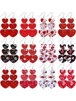Yaomiao 12 Pairs Valentine's Day Leather Earrings Heart Earrings Lightweight Faux Leather Dangle Earring Heart-Shaped Print Drop Earrings for Women Girl