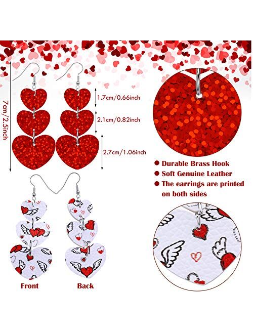 Yaomiao 12 Pairs Valentine's Day Leather Earrings Heart Earrings Lightweight Faux Leather Dangle Earring Heart-Shaped Print Drop Earrings for Women Girl