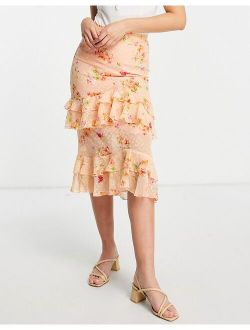 Dark Pink tiered frill textured midi skirt in ditsy peach floral