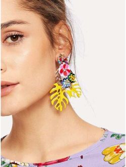 Tropical Leaves & Sequin Flower Drop Earrings 1pair