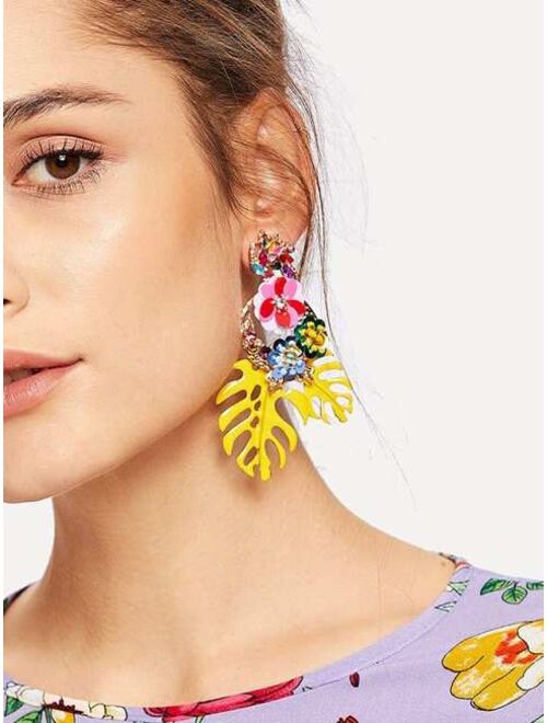 Shein Tropical Leaves & Sequin Flower Drop Earrings 1pair