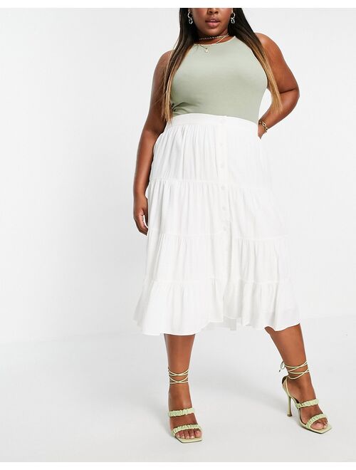 Forever New Curve button down tiered cotton poplin midi skirt in white