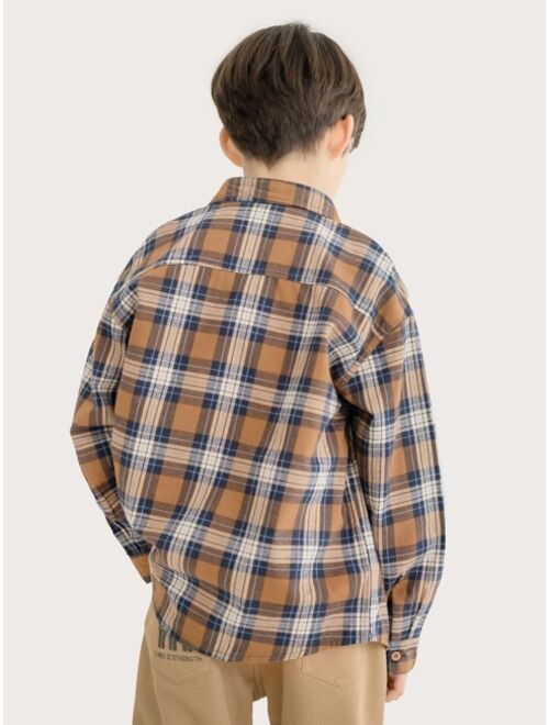 Shein Boys Tartan Print Pocket Patched Drop Shoulder Button Up Shirt