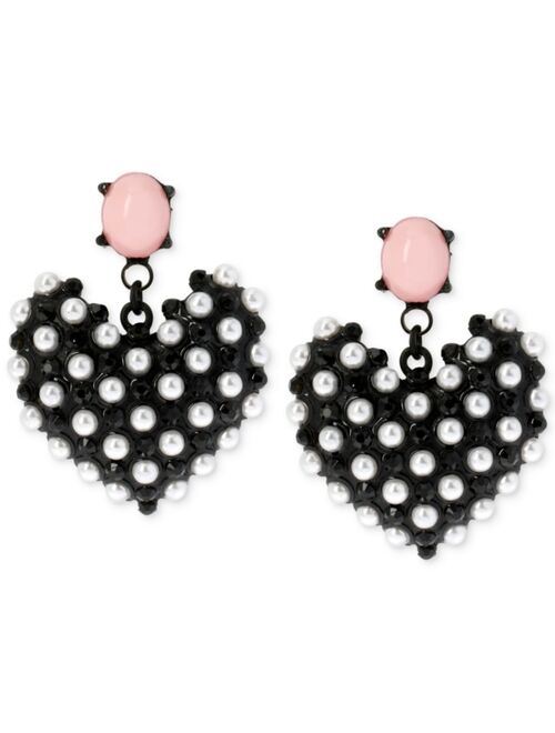 Betsey Johnson Black-Tone Imitation Pearl Heart Earrings 