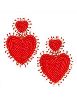 Aratlench Heart Earrings for Women Hypoallergenic Beaded Statement Dangle Earrings Boho Handmade Red Love Heart Bead Drop Dangling Earrings Valentine’s Day Earrings Jewel