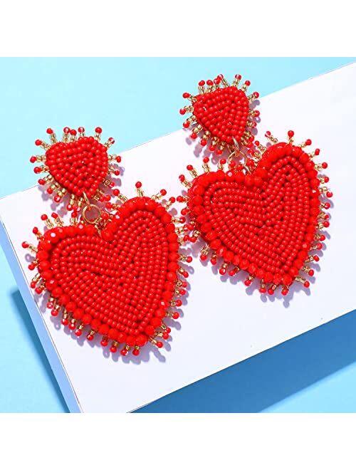 Aratlench Heart Earrings for Women Hypoallergenic Beaded Statement Dangle Earrings Boho Handmade Red Love Heart Bead Drop Dangling Earrings Valentine’s Day Earrings Jewel