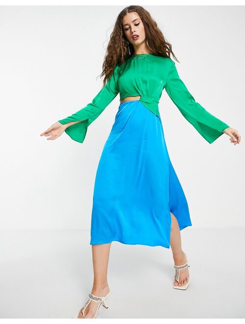 Topshop occasion color block cut out midi dress in green and cobalt