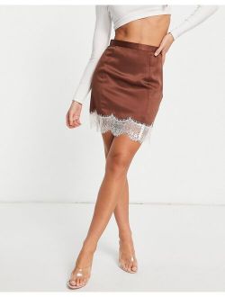 satin notch mini skirt with lace trim in chocolate