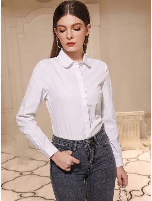 Shein Solid Button Front Solid Long Sleeve Shirt