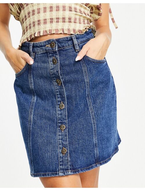 & Other Stories organic blend cotton mini denim skirt with gold daisy buttons in blue