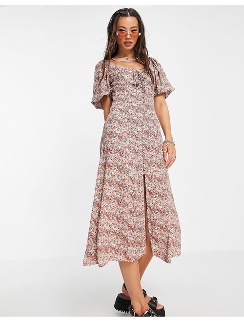 Topshop casual ditsy button through midi dress in pink