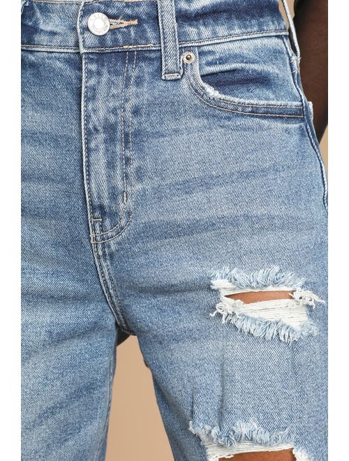 Lulus Soho Girl Medium Wash Distressed High-Waisted Mom Jeans