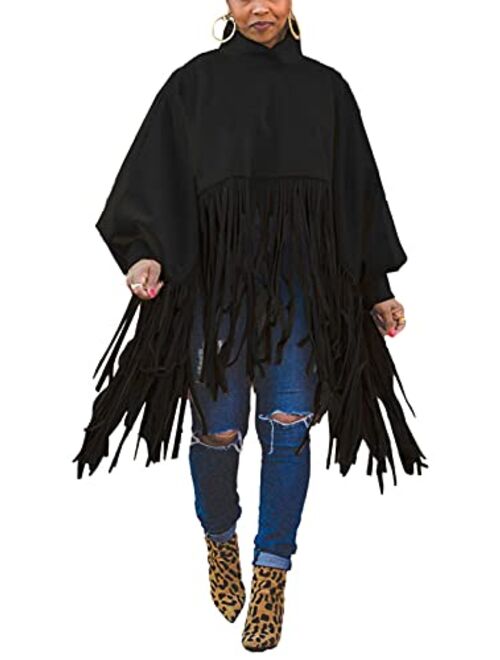 Famnbro Womens High Neck Long Sleeve Fringe Top Plus Size Tassel Poncho Oversized Sweatshirt