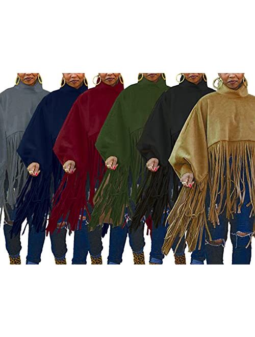 Famnbro Womens High Neck Long Sleeve Fringe Top Plus Size Tassel Poncho Oversized Sweatshirt
