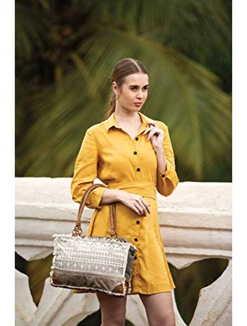 Myra Bag Symbols Upcycled Canvas & Cowhide Leather Bag S-1227