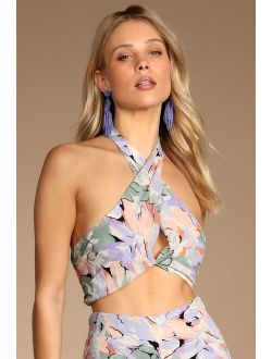 Palm Beach Babe Ivory Valentine Floral-Print Tie-Back Halter Crop Top