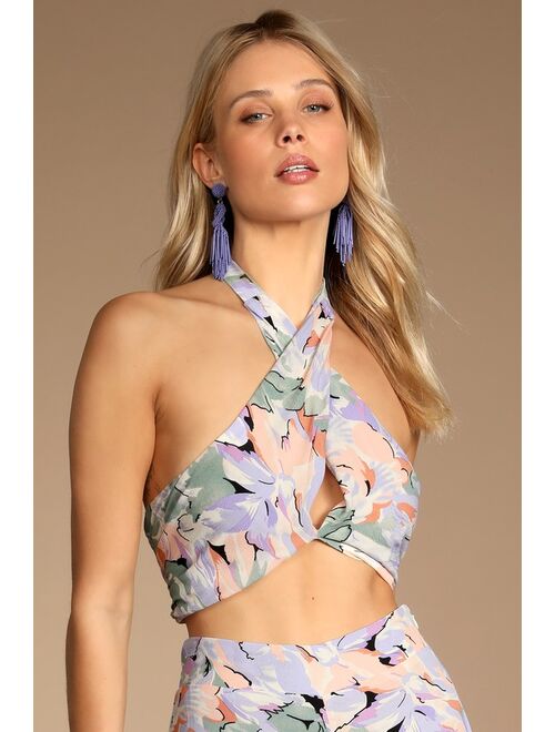 Lulus Palm Beach Babe Ivory Valentine Floral-Print Tie-Back Halter Crop Top