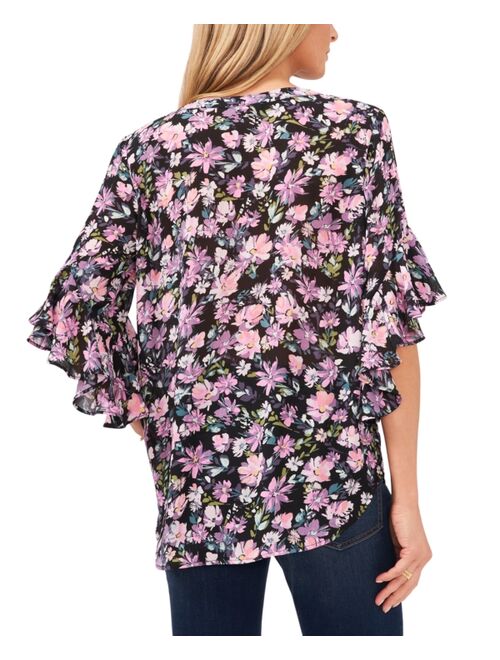 Vince Camuto Floral-Print Asymmetrical-Sleeve Top