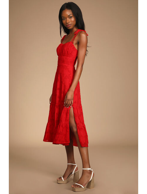 Lulus Sweet Sentiments Valentine Red Jacquard Tiered Midi Dress