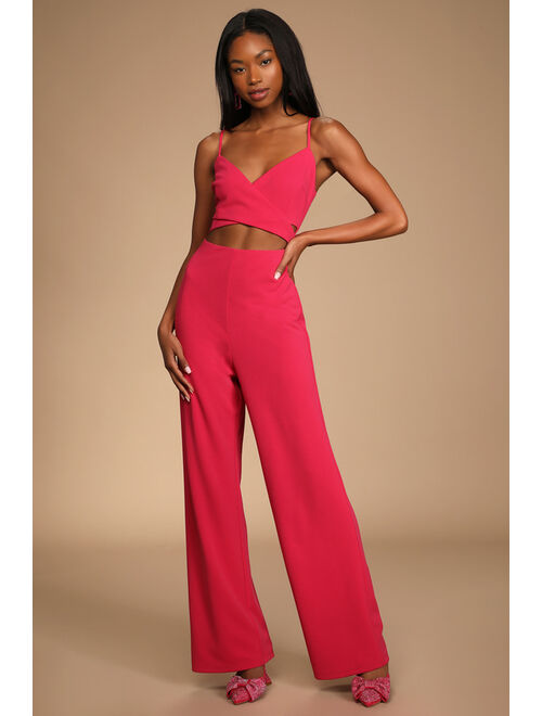 Lulus Going Out All Night Valentine Hot Pink Cutout Wide-Leg Jumpsuit