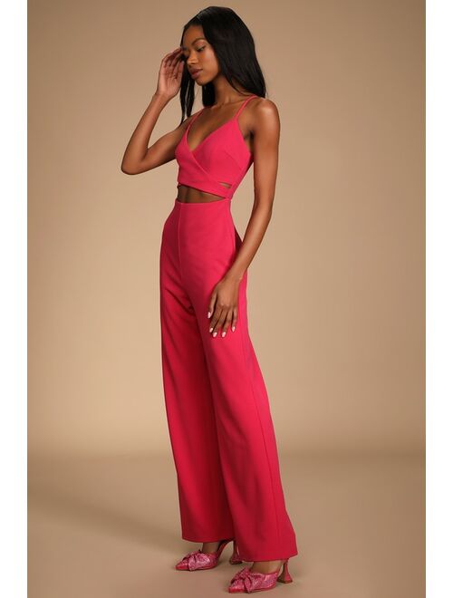 Lulus Going Out All Night Valentine Hot Pink Cutout Wide-Leg Jumpsuit