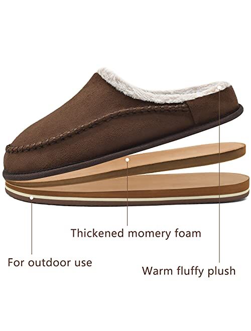 KuaiLu Mens Memory Foam Clog Slippers Comfy Handmade Stitch Microsuede Slip-on House Shoes With Arch Support Warm Faux Fur Lined Rubber Sole Indoor Outdoor