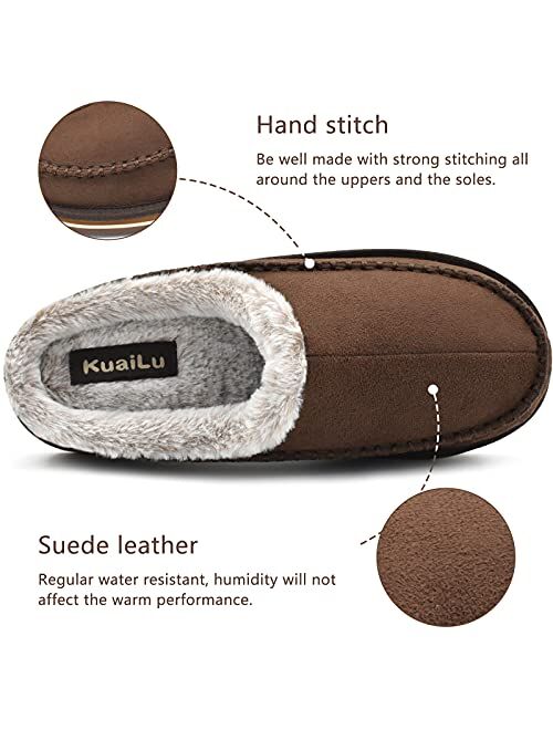 KuaiLu Mens Memory Foam Clog Slippers Comfy Handmade Stitch Microsuede Slip-on House Shoes With Arch Support Warm Faux Fur Lined Rubber Sole Indoor Outdoor