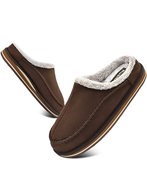 KuaiLu Mens Memory Foam Clog Slippers Comfy Handmade Stitch Microsuede Slip-on House Shoes With Arch Support Warm Faux Fur Lined Rubber Sole Indoor Outdoor