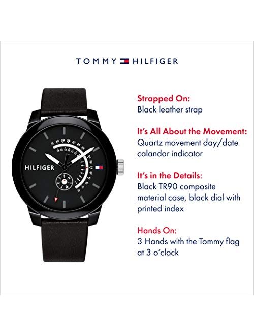 Tommy Hilfiger Men's Valentine Quartz Watch with Leather Calfskin Strap, Black, 18.8 (Model: 1791479)