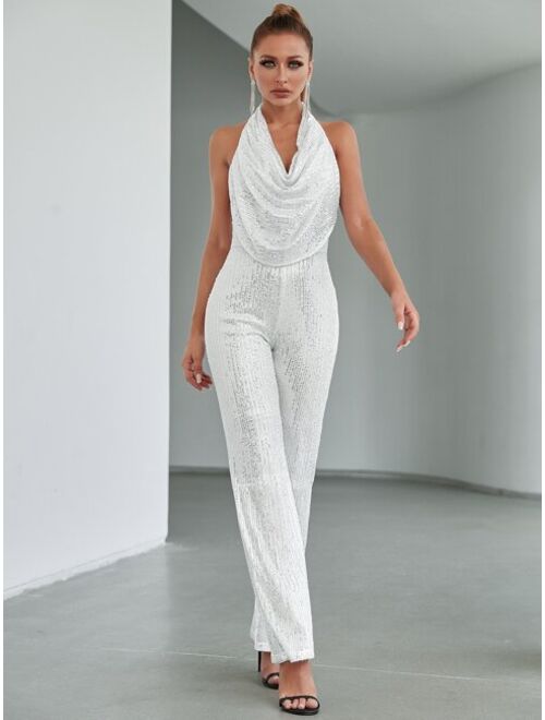 Shein Double Crazy Draped Front Halter Neck Backless Sequin Jumpsuit