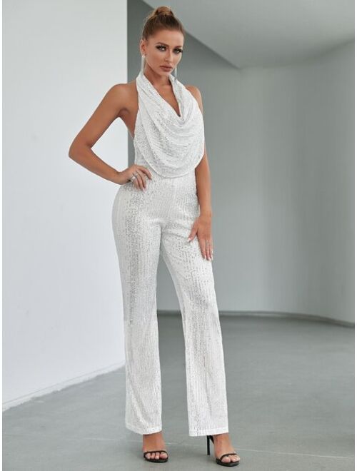 Shein Double Crazy Draped Front Halter Neck Backless Sequin Jumpsuit