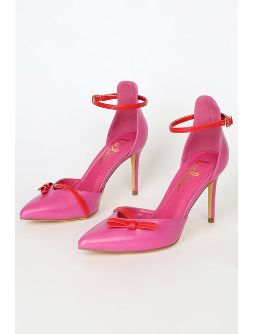 Lulus Syyna Valentine Pink and Red Bow Ankle Strap Pumps