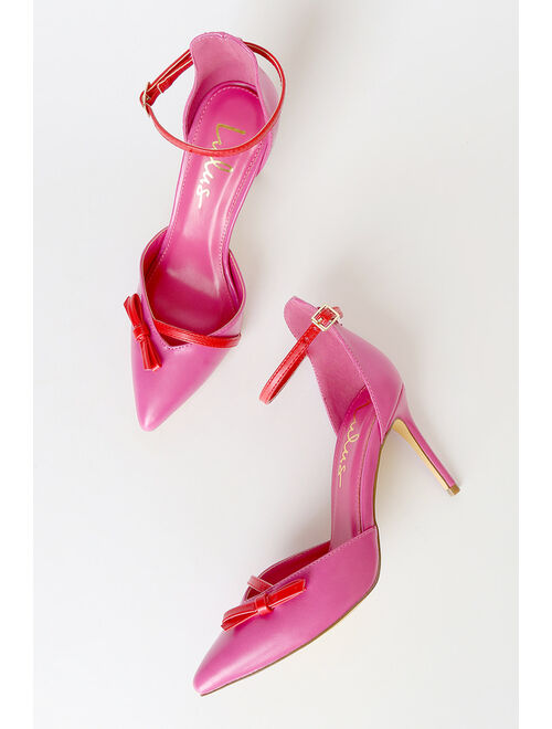 Lulus Syyna Valentine Pink and Red Bow Ankle Strap Pumps