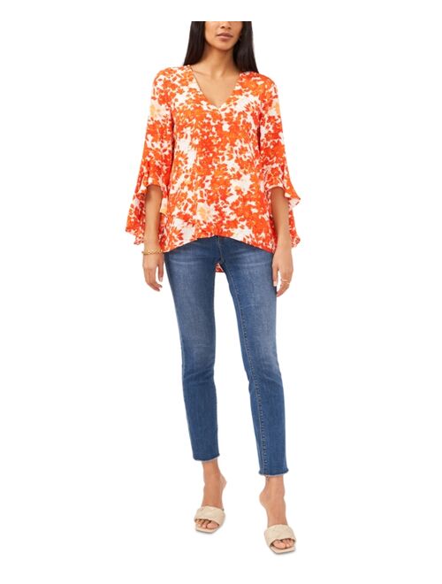 Vince Camuto Floral-Print Asymmetrical-Ruffled-Sleeve Top