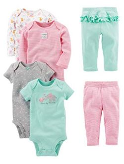 Toddler and Baby Girls' 6-Piece Bodysuits (Short and Long Sleeve) and Pants Set