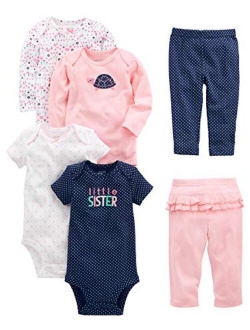 Toddler and Baby Girls' 6-Piece Bodysuits (Short and Long Sleeve) and Pants Set