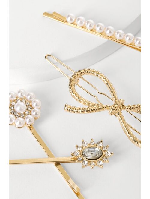 Lulus Dainty Beauty Valentine Gold Pearl and Rhinestone Hair Pin Set