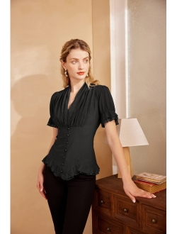 Women Victorian Short Sleeve Shirt Steampunk Lace Up Blouse