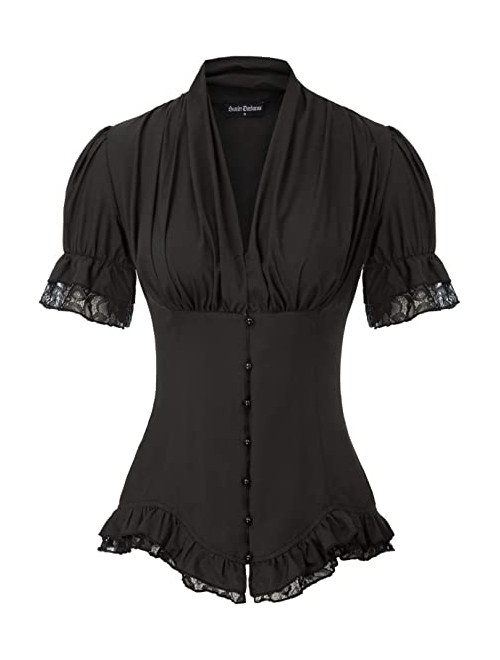 Scarlet Darkness Women Victorian Short Sleeve Shirt Steampunk Lace Up Blouse