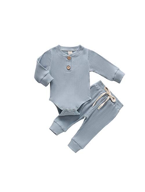 Ma&Baby Newborn Baby Boy Girl Clothes Ribbed Knitted Cotton Long Sleeve Romper Long Pants Solid Color Fall Winter Outfits